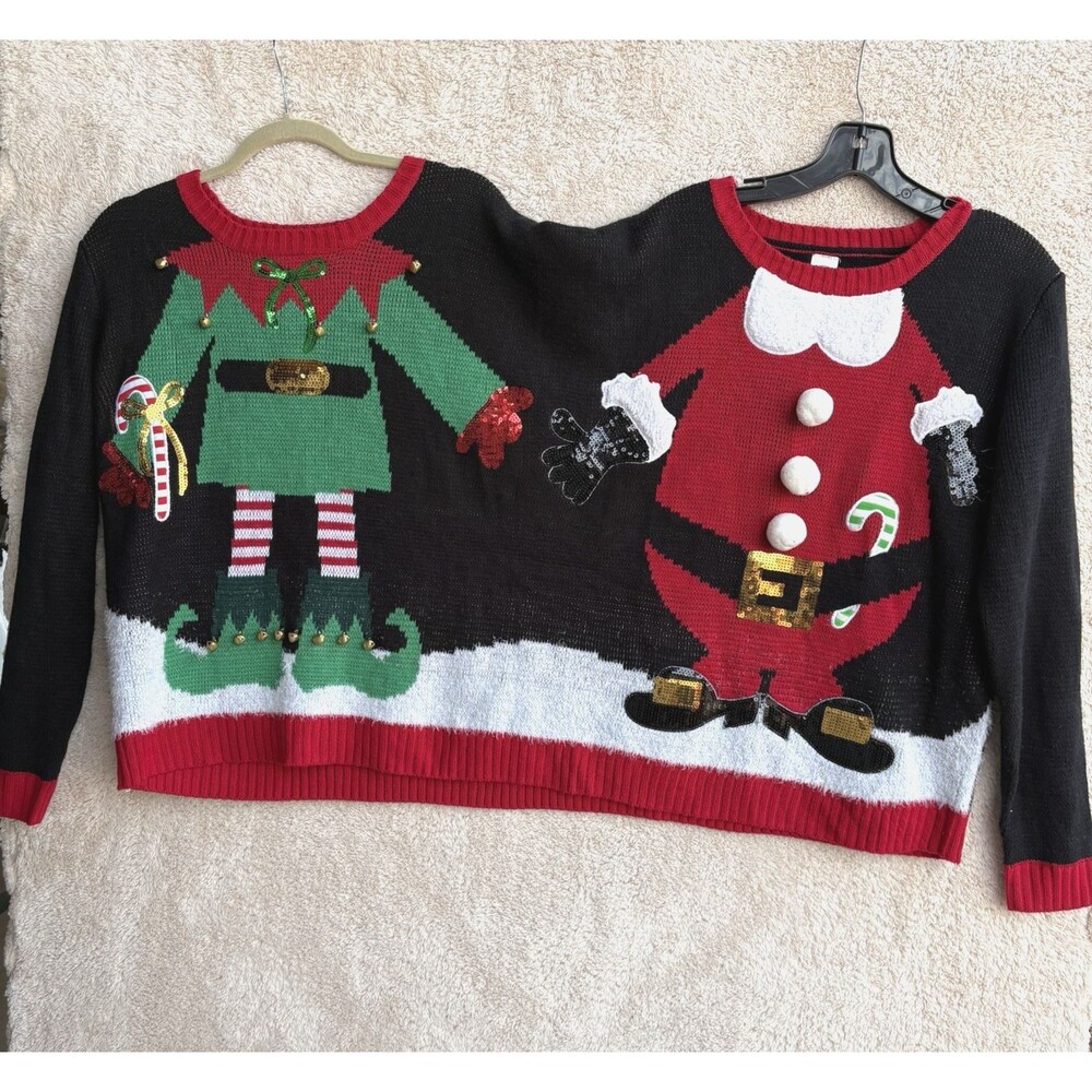 Ugly Christmas Sweater For 2 People Sz S/M Santa & Elf Holiday Party Embellished